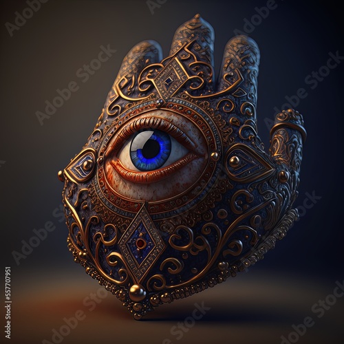 3d render of Evil eye bead inside of a hand. The religious symbol of divine protection.