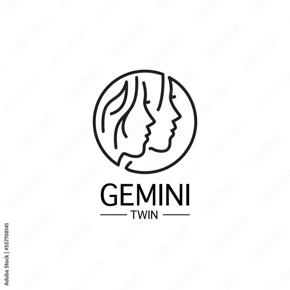 Twin girl, gemini inside circle line art style. Vector logo icon Twin girl, gemini inside circle line art style. Vector logo icon