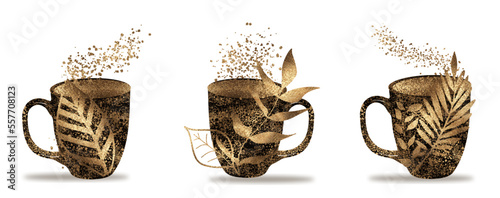 Decorative coffee mugs with plant motifs in gold design. Coffee cups - Coffee time for coffee lovers. Coffee cups isolated on a white background. Coffee print design. 