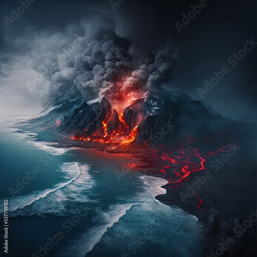 AI computer generated art of aerial image of Erupting Volcano at the side of ocean.