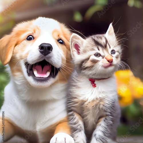Happy puppy dog and kitten friends posing together and smiling