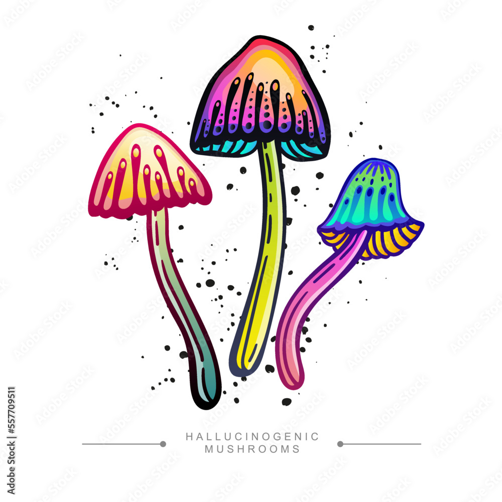 Amazing sticker of three fly agarics. Toadstool concept hand drawn. Toxic fantastic psilocybin mushrooms. Amazing sticker of three fly agarics. Toadstool concept hand drawn. Toxic fantastic psilocybin mushrooms.