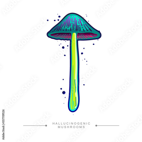 Toxic fantasy psilocybin mushroom. Drawing of magical surreal hallucinogenic mushroom. Hand drawn toadstool concept.