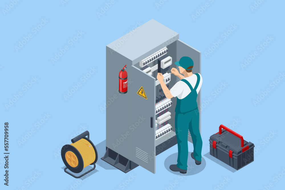 Isometric Electricity energy maintenance. Technician repair service of ...