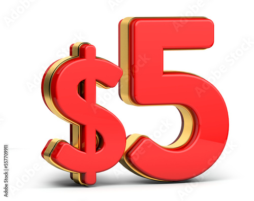 3d golden $5 isolated on background. 3d illustration.	