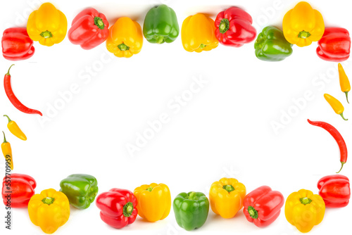 Sweet pepper and chili peppers isolated on white . Collage. Beautiful frame with free space for text.