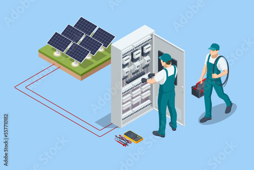 Isometric Electricity energy maintenance. Technician repair service of the powerline. Checking the operating voltage levels of the solar panel switchgear compartment.