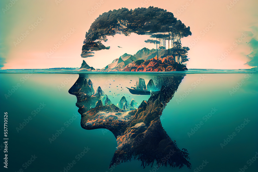 Double exposure of profile portrait of a man. The combination of man ...