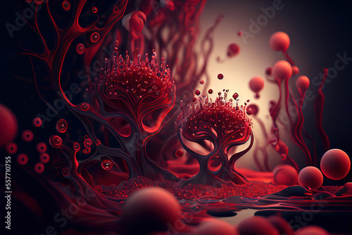 Floating red molecules. Generative AI.