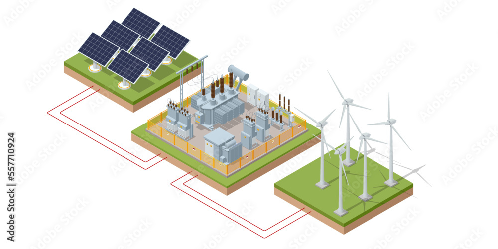 Isometric Green energy industry. Smart city with wind turbines, solar panels, tank containers and battery. Sustainable renewable power Wind turbines generate electricity.