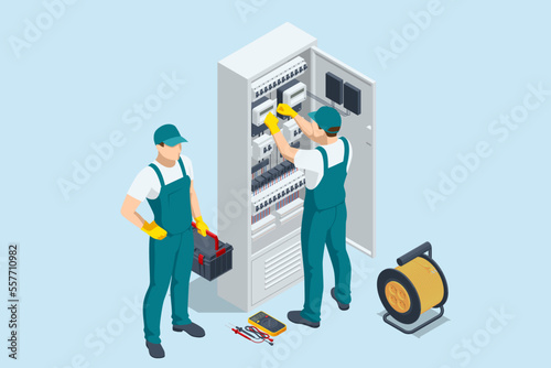 Isometric Electricity energy maintenance. Technician repair service of the powerline. Execution of electrical measuring works on the power transformer