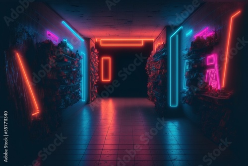 abandoned neon corridor hallway, generative ai composite