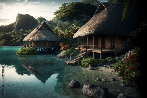 huts on the water, generative ai composite