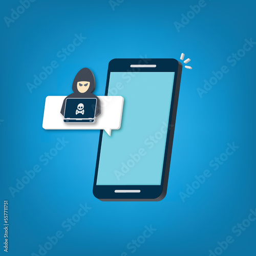 Hacker, malware notification on mobile phone. Smartphone with hacker alert, spam data on cellphone fraud error message, scam, virus. 3D vector illustration.