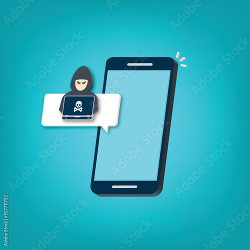 Hacker, malware notification on mobile phone. Smartphone with hacker alert, spam data on cellphone fraud error message, scam, virus. 3D vector illustration.