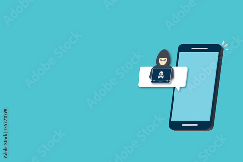 Hacker, malware notification on mobile phone. Smartphone with hacker alert, spam data on cellphone fraud error message, scam, virus. 3D vector illustration.