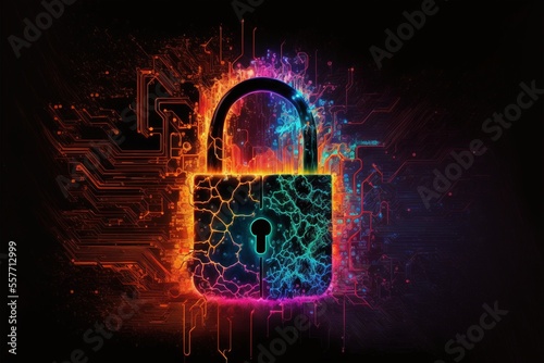 cyber security concept, neon padlock with interconnections, generative ai composite photo