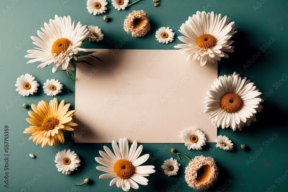 Fototapeta premium daisy frame with copy space for invitation, congratulations, greeting card or message, generative ai composite