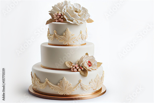 Three tier wedding cake with pastel colored icing on a white background photo