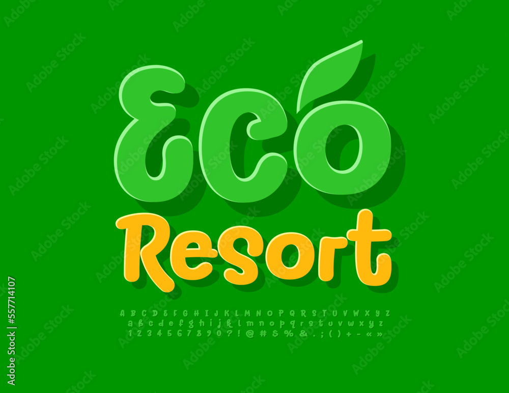 Naklejka premium Vector artistic embem Eco Resort with decorative Leaf. Green sticker Font. Funny handwritten Alphabet Letters, Numbers and Symbols set.