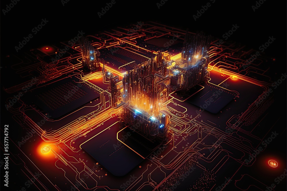 Abstract circuit with futuristic design.
Created with generative AI technology and Photoshop.