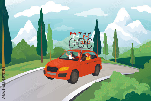 Family road trip. Car travel. Holiday summer drive. People in vacation. Mountain landscape. Bicycles on auto roof. Automobile tourism. Adventure journey. Vector cartoon illustration