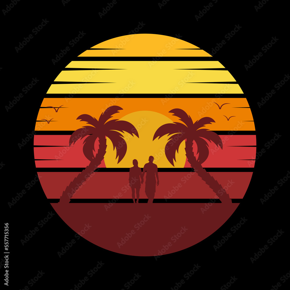 Vector Illustration Retro Vintage Sunset Beach Palm Tree