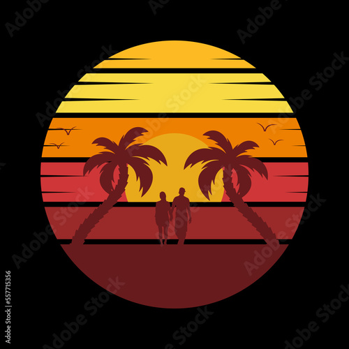 Vector Illustration Retro Vintage Sunset Beach Palm Tree