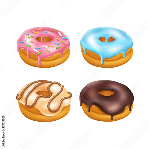 3d donuts, doughnut dessert food set. Confectionery icing, pink pastry, bakery or cake, chocolate and vanilla sweet products various flavors, 3d isolated elements. Vector realistic illustration