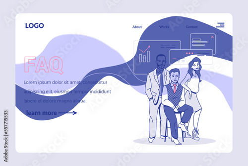 Office team. Business landing page. Man and woman in office. FAQ web banner. Frequently asked questions, professional answers service. Online help. Vector cartoon flat illustration