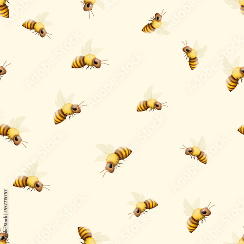 Honey bee, insects animal pattern. Summer wildlife for fabric design, nature decoration, wrapping paper and packaging. Flying wasps. Print realistic elements. Vector seamless texture