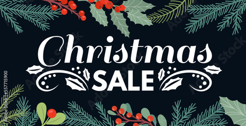 Vintage christmas sale holiday promo. New year sign, blackboard lettering with winter plant mistletoe and coniferous tree branches, forest berries, xmas shopping layout vector retro concept