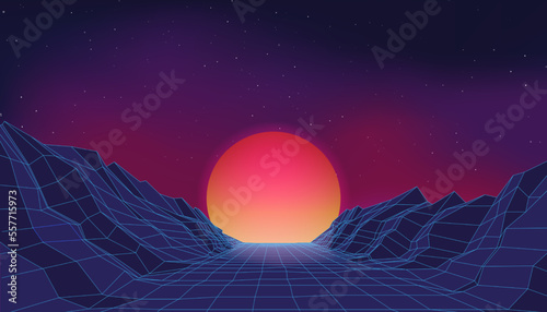 Retro neon synthwave, arcade game background. Techno mountain landscape with retro wave future space wallpaper. Bright sun and dark poster. Digital pattern. Vector futuristic illustration
