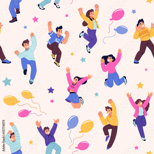 Happy people pattern, active leap characters. Woman and man persons jumping, success girl and boy, festive balloons and stars, celebration wrapping paper. Decor textile vector seamless background