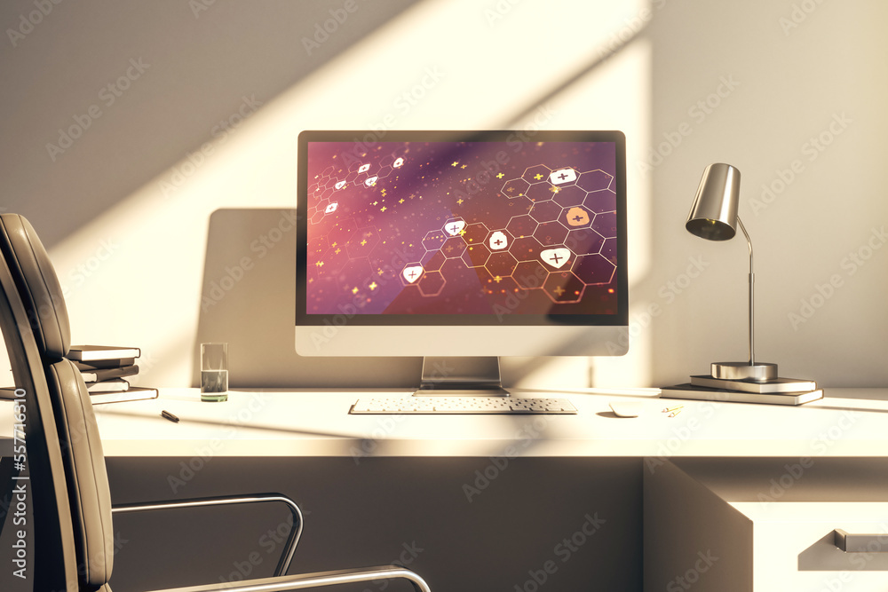 Creative abstract medical hologram on modern computer monitor, online medical consulting concept. 3D Rendering Creative abstract medical hologram on modern computer monitor, online medical consulting concept. 3D Rendering