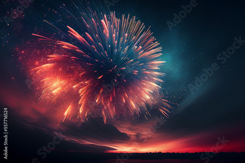 Abstract holiday concept colorful fireworks background, happy new year festival celebration, Generative AI