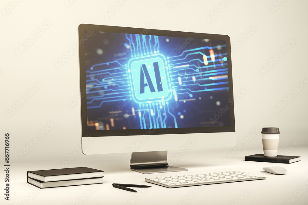 Modern computer monitor with creative artificial Intelligence icon. Neural networks and machine learning concept. 3D Rendering Modern computer monitor with creative artificial Intelligence icon. Neural networks and machine learning concept. 3D Rendering