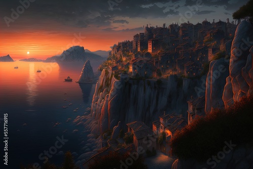 A sunset view of a village on the edge of a cliff.