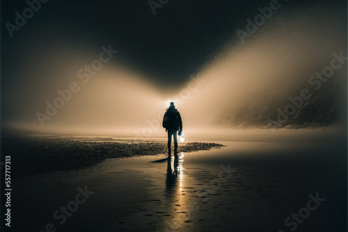 silhouette of a man holding flashlight standing on beach