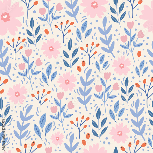 Fototapeta Naklejka Na Ścianę i Meble -  Botanical seamless pattern with green leaves and yellow flowers on pastel pink background. Leaves and flowers wallpapers. Florals background.