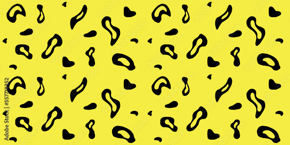 Abstract black shapes scattered on yellow background. Seamless pattern vector art.