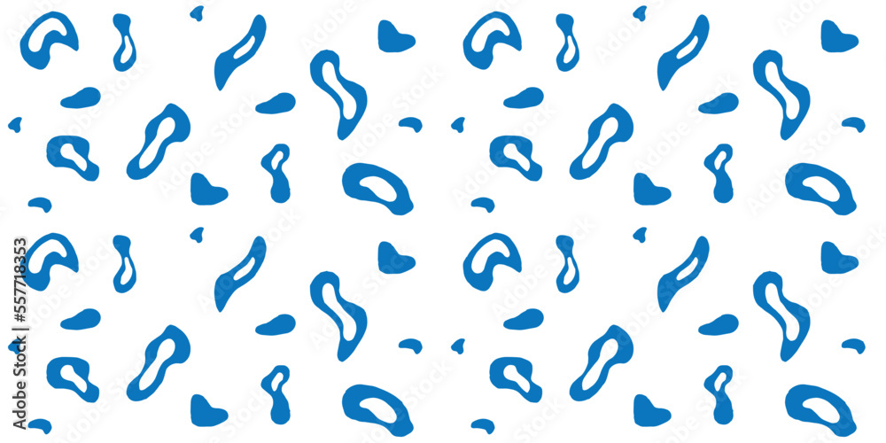 Abstract blue shapes scattered on white background. Seamless pattern vector art.
