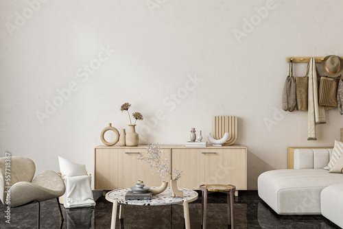 Modern living room mockup, beige sofa and chair with marble coffee table.