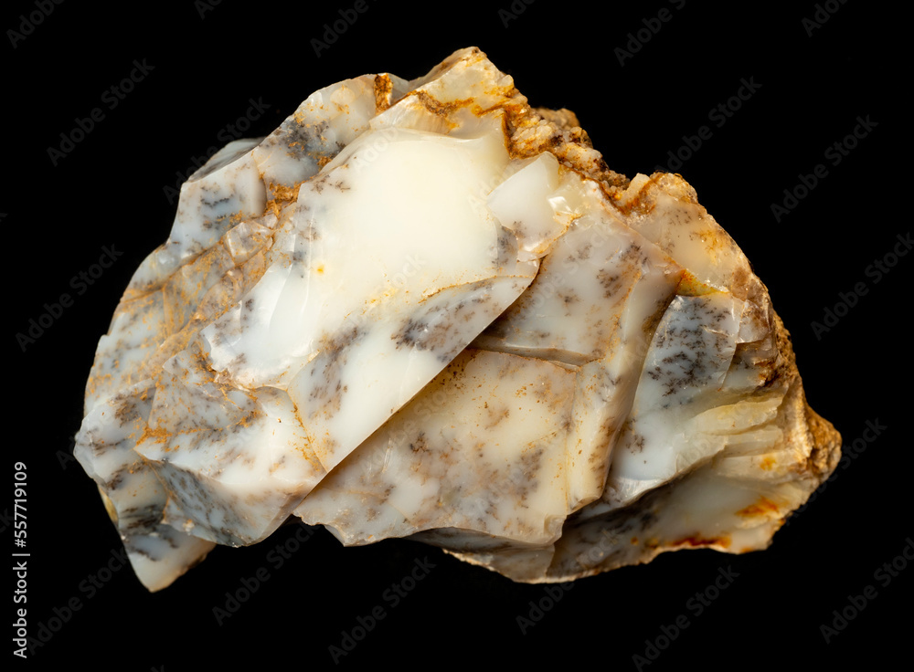 Dendritic opal. Opal on a black background. Opal is a hydrated amorphous form of silica. the mineral sample comes from Bohuskovice, Kremze, Czech Republic, Europe Dendritic opal. Opal on a black background. Opal is a hydrated amorphous form of silica. the mineral sample comes from Bohuskovice, Kremze, Czech Republic, Europe