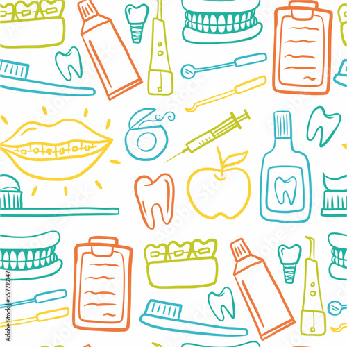 Vector pattern on the theme of dentistry, hand-drawn in the style of a doodle