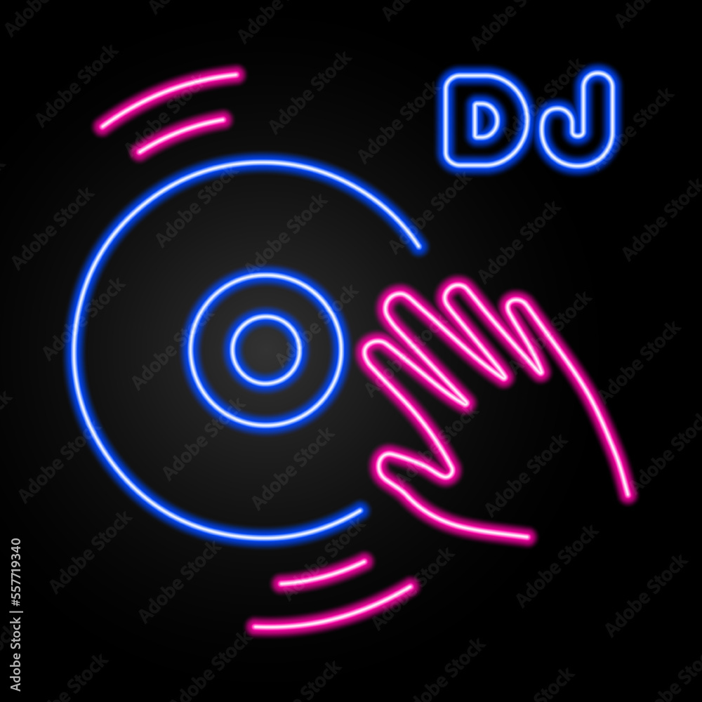 dj neon sign, modern glowing banner design, colorful modern design trends on black background. Vector illustration. dj neon sign, modern glowing banner design, colorful modern design trends on black background. Vector illustration.