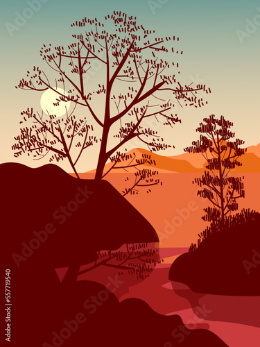 Mountain and lake landscape hand drawn vector illustration. Nature scenery with trees and hill peaks silhouettes on horizon.