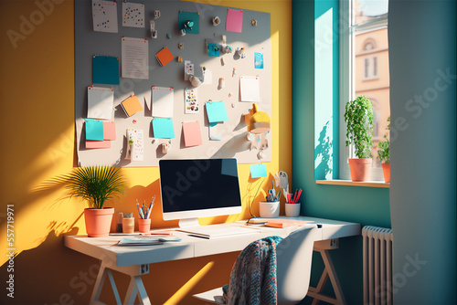 Modern Colorful Working Room at Home with Window Light - Generative AI