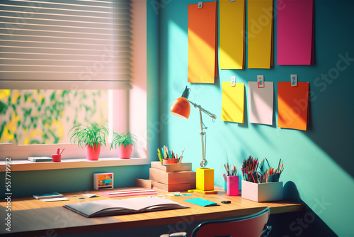 Modern Colorful Working Room at Home with Window Light - Generative AI