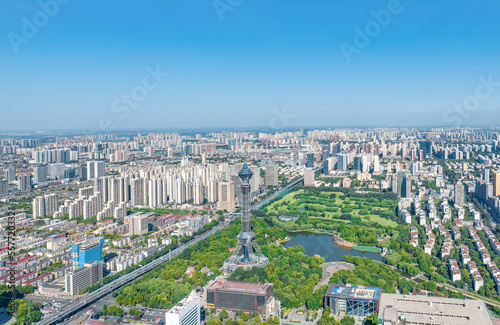 Aerial shot of Shijiazhuang TV Tower  Century Park and Golf Club  Shijiazhuang City  Hebei Province  China